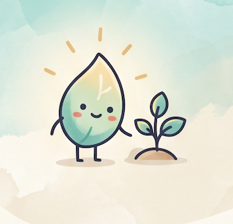 Mascota de LibbiCare, una gota amigable junto a una planta